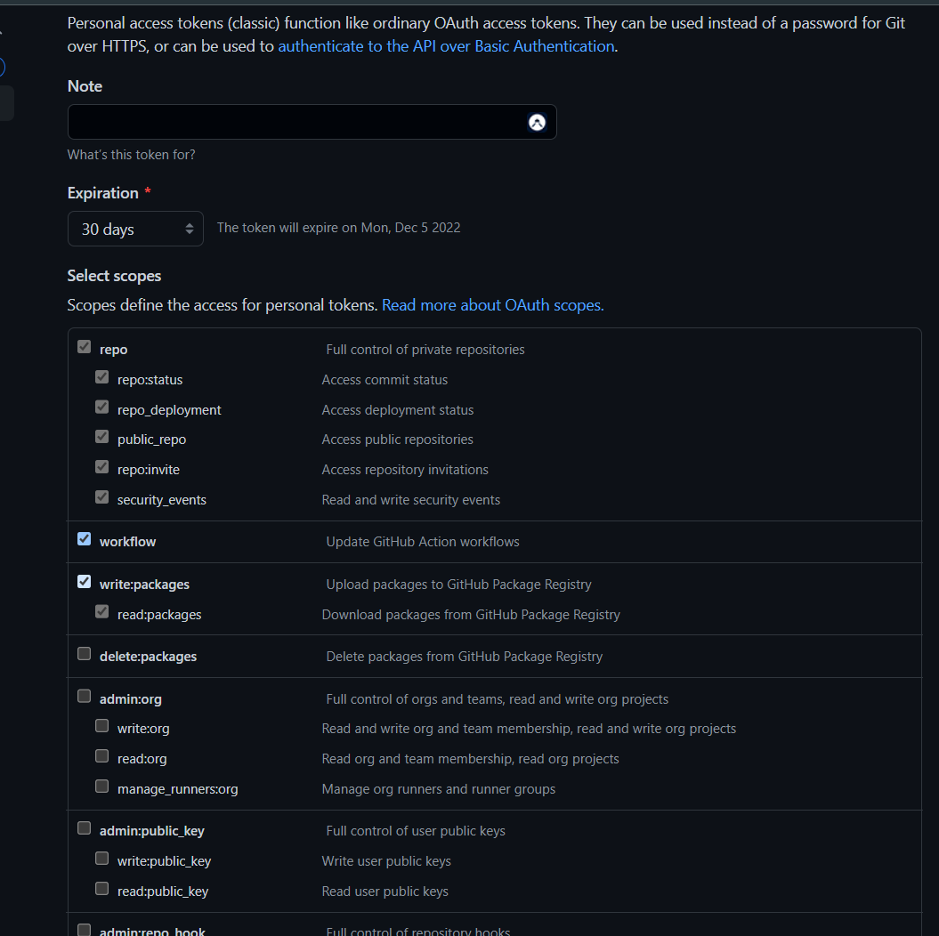 Creating a GitHub token with specific permissions as described on the image