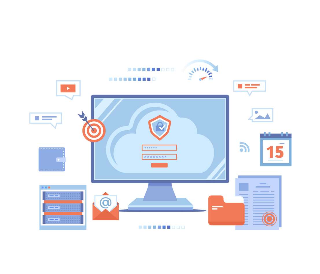 Image of a computer surrounded by icons of mail, youtube, images, calendar, a wallet and folder with files besides it